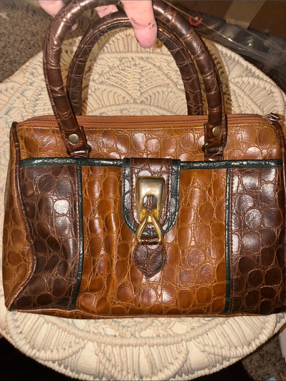JACKSON Two-Tone Croc-Embossed Brown Satchel